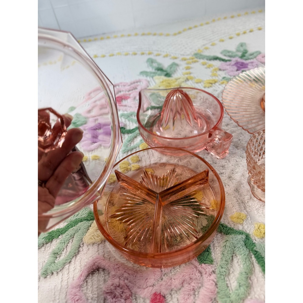 Vintage Pink Depression Glass Set Gilbert Clock Sunkist Juicer Candy Dish 13 pc - Picture 11 of 16